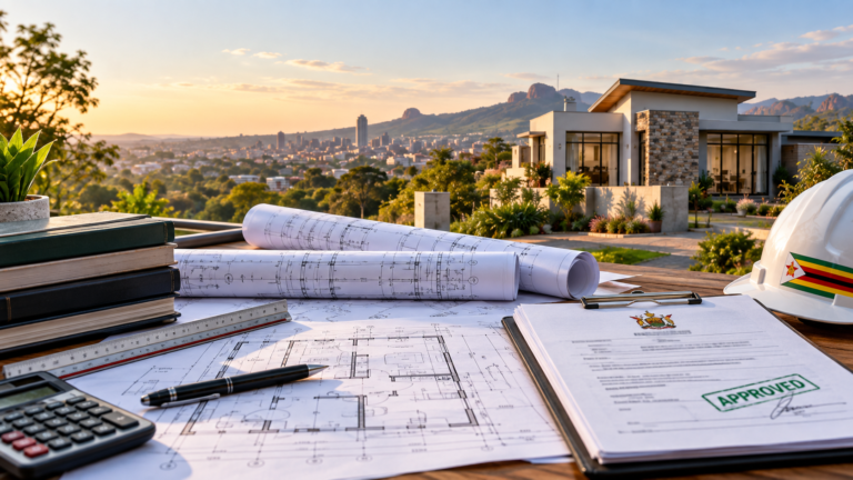 Feature image for council plan approval requirements in Zimbabwe showing building plans, approved documents and a modern house