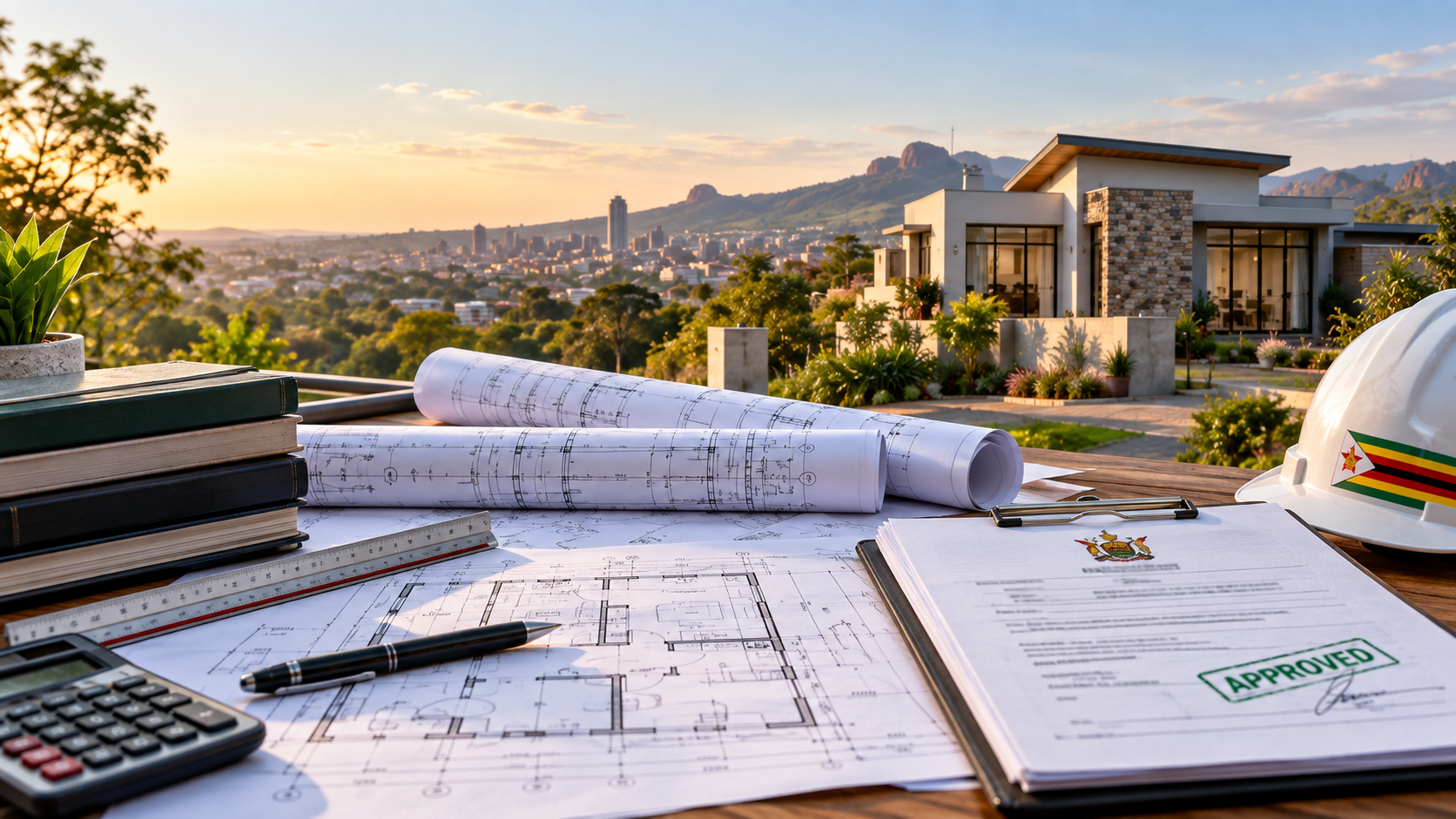 Feature image for council plan approval requirements in Zimbabwe showing building plans, approved documents and a modern house